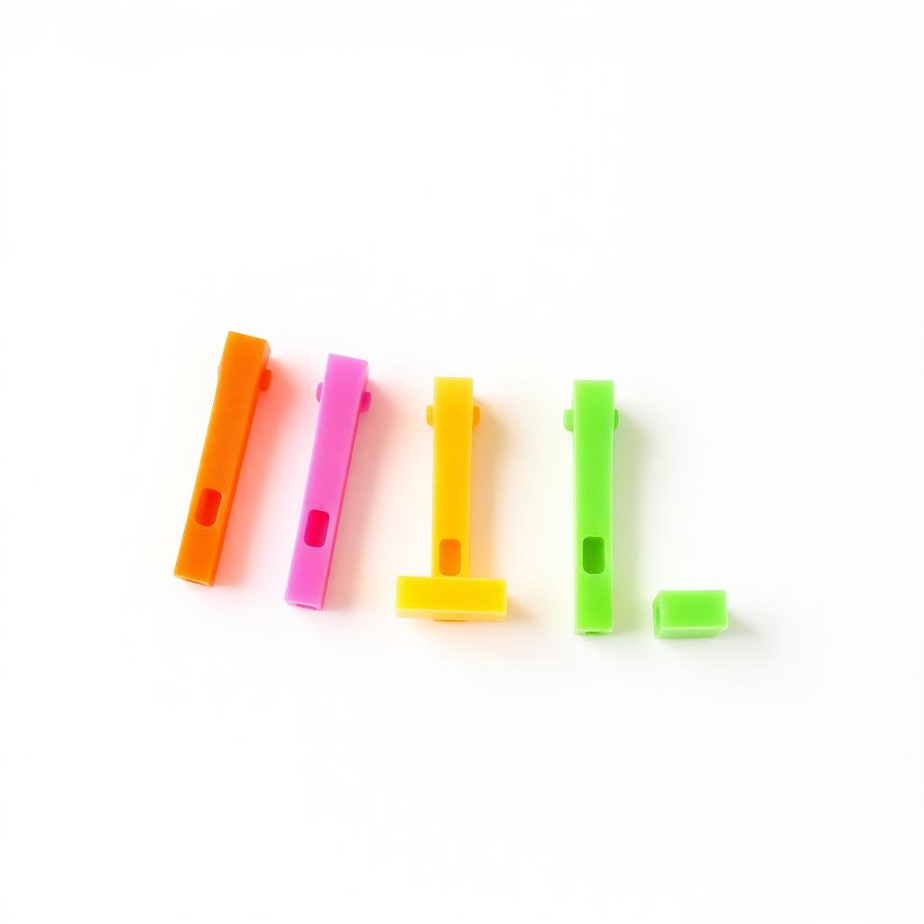 Set of five colorful 3D printed cable organizer clips
