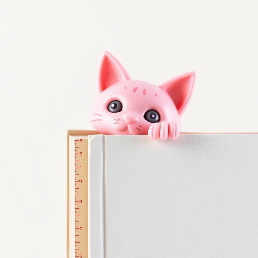 Pink 3D printed cat corner bookmark on a book
