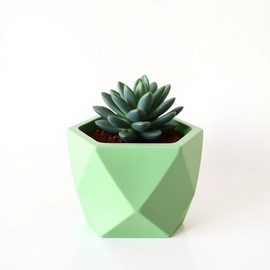 Sage green 3D printed geometric hexagonal planter with succulent